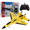 A yellow SU-35 remote control fighter plane model with black nose and red stars, next to a controller and its box.