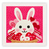 Kit de bordado de aguja mágica rosa con diseño de conejo blanco, corazones rosas y acentos rojos.