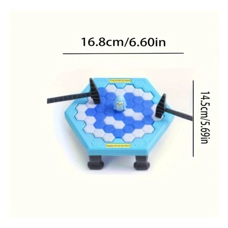 A blue and white penguin ice rescue game tabletop challenge with surrounding blue hexagonal tiles.