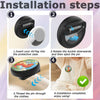 Installation steps showing how to insert an AirTag into a protective case and thread the pin through clothing.