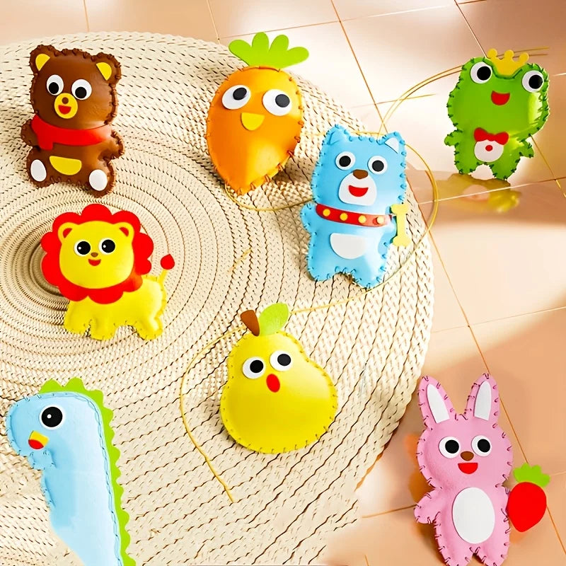 A collection of colorful animal plush toys, including a bear, carrot, frog, lion, and rabbit, displayed on a woven mat.