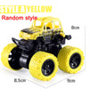 Yellow pull-back stunt SUV toy car with large tires and black body, shown from the side.