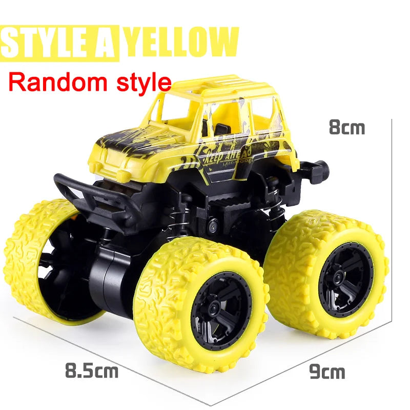 Yellow pull-back stunt SUV toy car with large tires and black body, shown from the side.