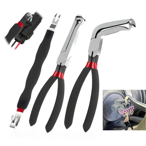 A set of silver and black electrical disconnect pliers for automotive connectors.