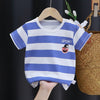 A white and blue striped short-sleeved t-shirt with a cartoon bear face design for toddlers.