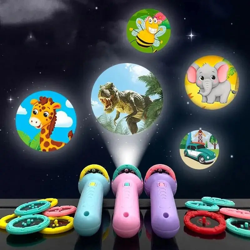 Kids projector flashlight with story cards featuring animals like a bee, elephant, and tiger against a dark background.