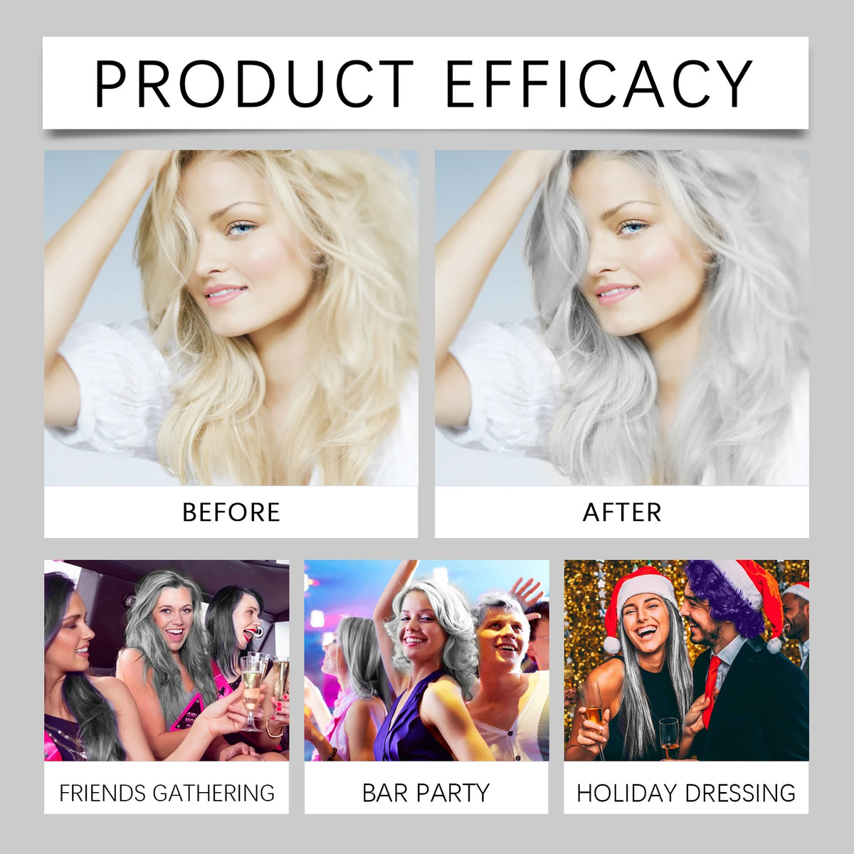Before and after photos showing the effect of Smoky Ash Gray Permanent Hair Color Cream on various hair colors.