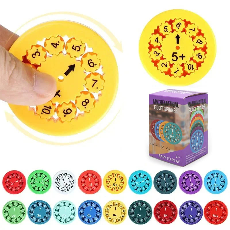En samling fargerike matematikk-fidgetspinnere med tall og symboler.