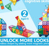 A colorful magnetic building tiles set showing various shapes and structures built by children.