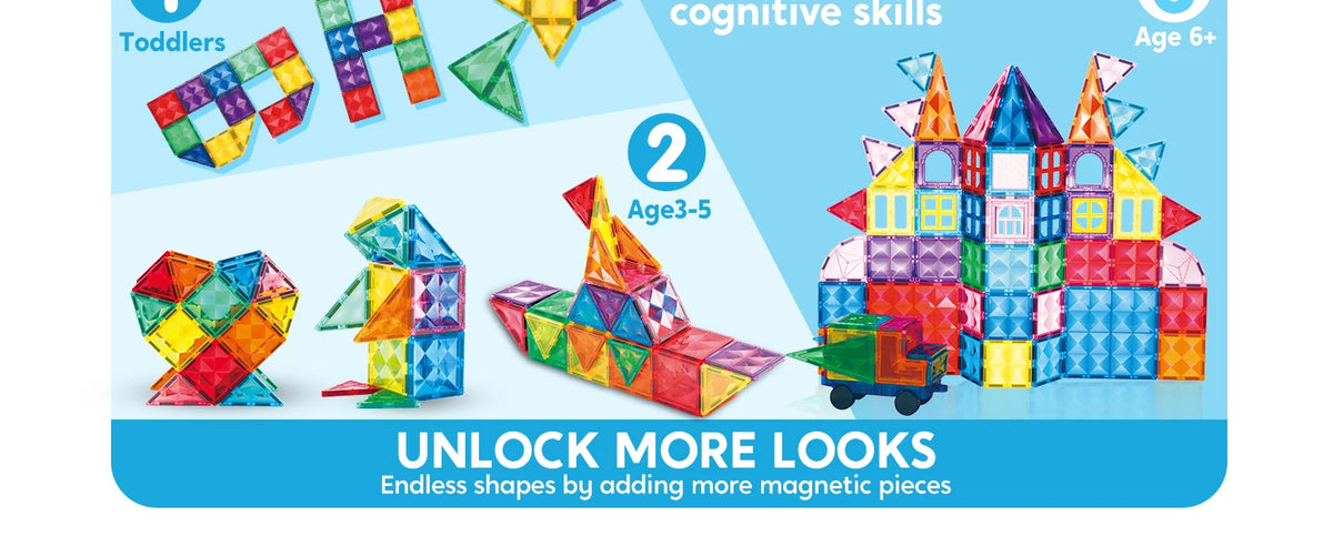 A colorful magnetic building tiles set showing various shapes and structures built by children.