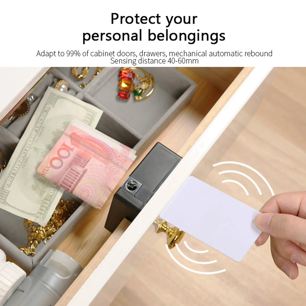 A keyless IC card smart drawer lock is shown being used to open a cabinet drawer, demonstrating its automatic rebound sensing