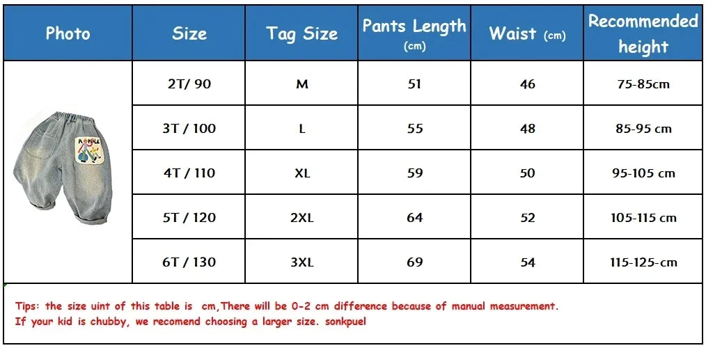 A size chart for boys' casual straight-leg denim jeans showing measurements for different sizes and recommended heights.