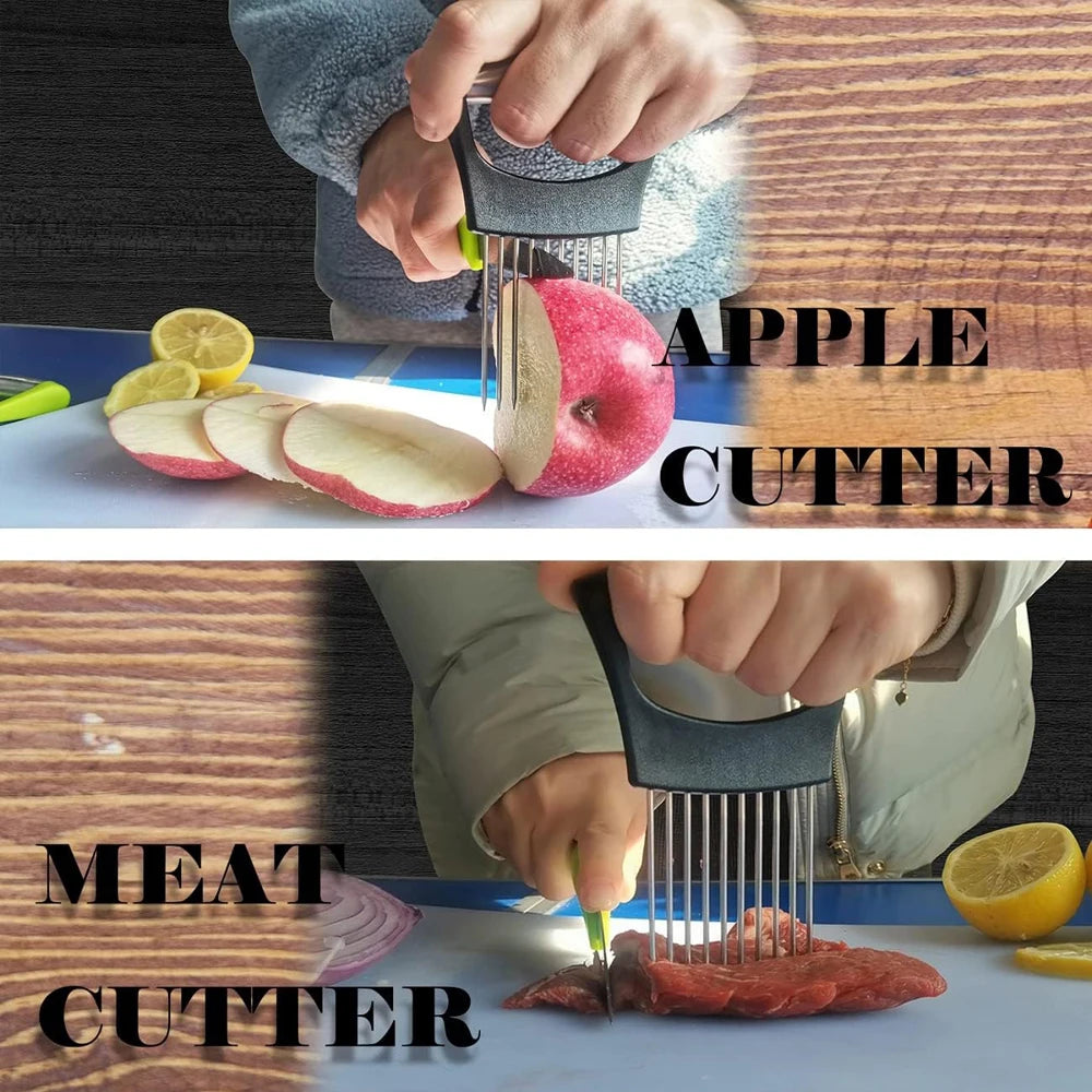 Primer plano de un cortador de carne y manzanas de acero inoxidable cortando alimentos.