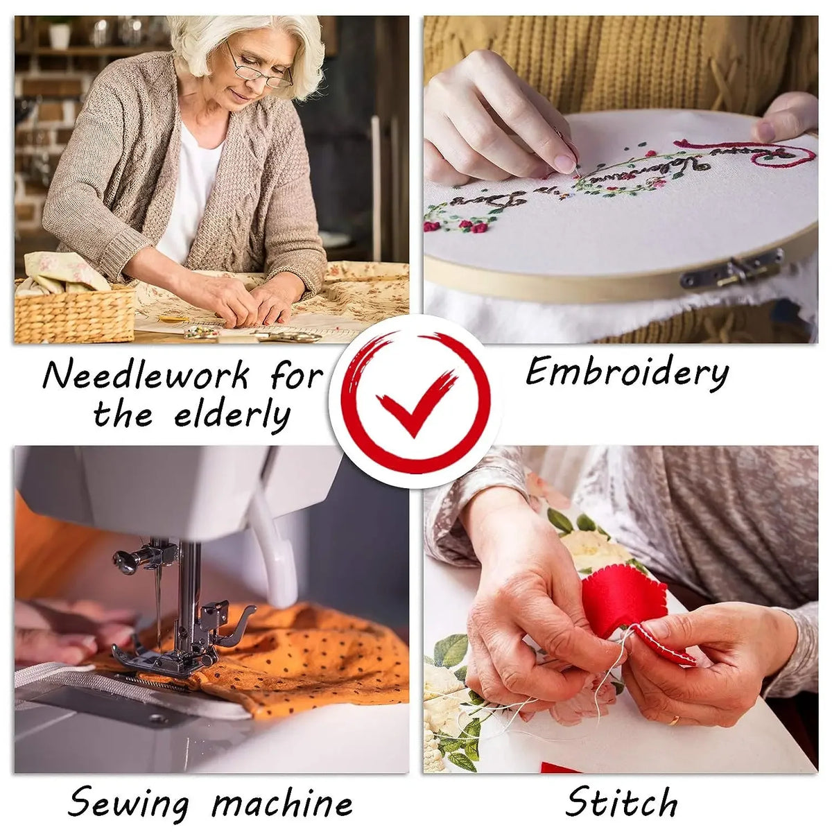 A collage showing elderly people using needlework, embroidery, sewing machines, and stitching techniques.