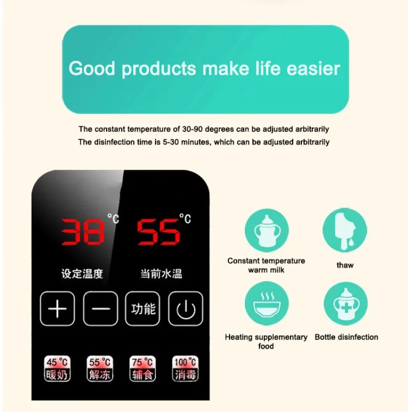 A digital display shows temperature settings for a multi-function baby bottle warmer and sterilizer with options for various 