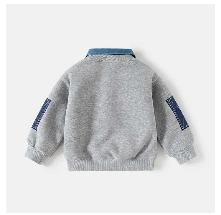 Gray fleece pullover sweatshirt with navy denim collar and sleeves