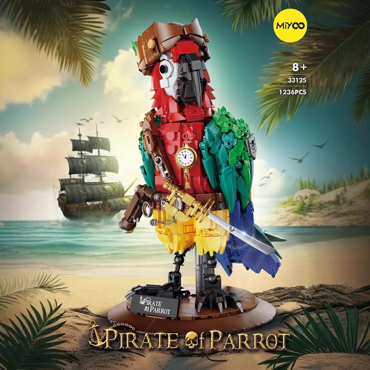 A pirate parrot sculpture building block set featuring a detailed figure on a wooden base.