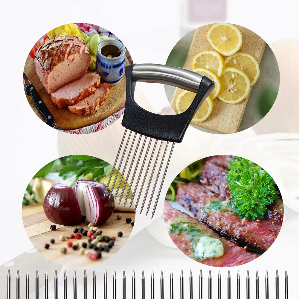 Cortador de cebolla de acero inoxidable con soporte, junto a carne y cítricos en rodajas.