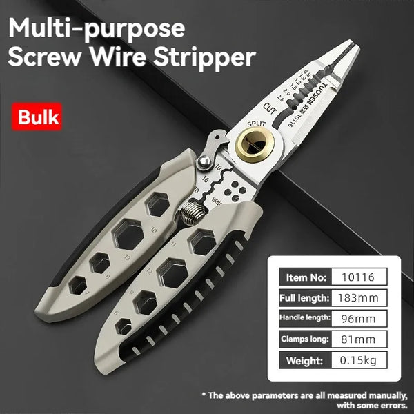 A silver multi-purpose screw wire stripper tool shown against a dark background.