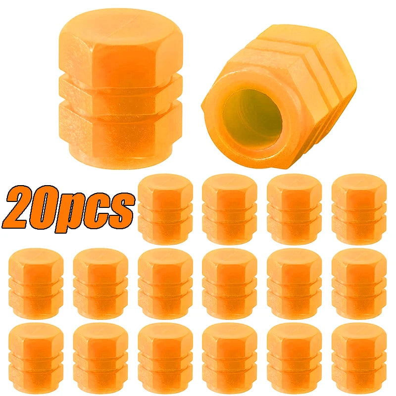 A set of 20 glow-in-the-dark orange tire valve caps shown in various stacked and individual views.