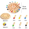 A set of wooden memory match sticks and dice for a Montessori game featuring various colors and sizes.