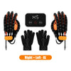 A set of black hand rehabilitation robot gloves with orange accents and a control panel.