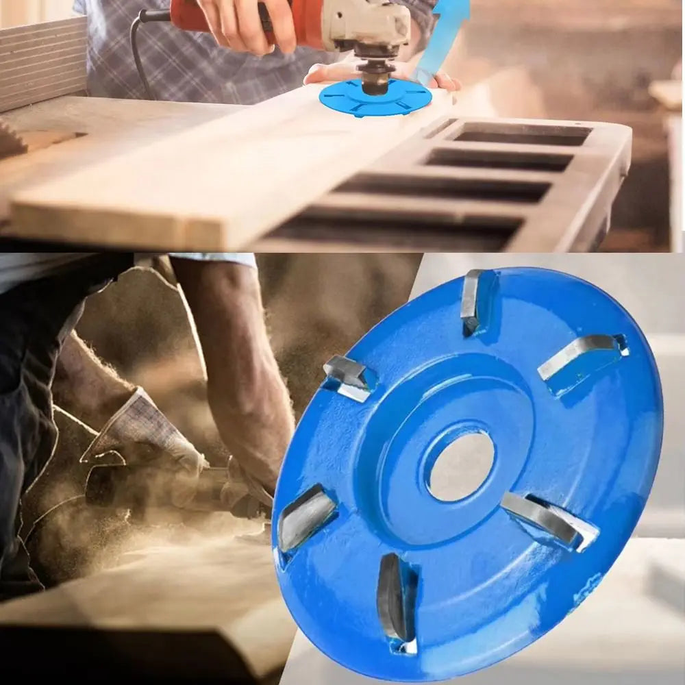 Närbild på en blå 6-tandad hårdmetallskiva för träsnideri med 22 mm hål, använd i träbearbetning.