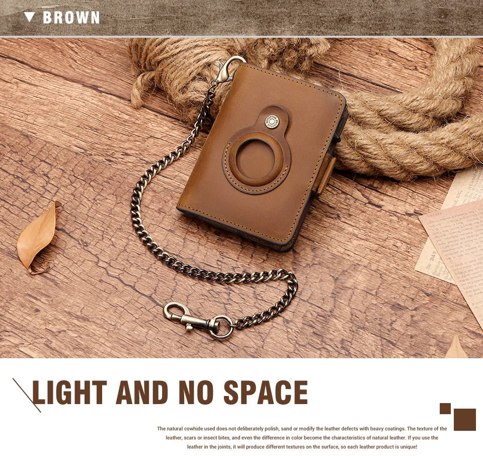 A brown Crazy Horse leather smart wallet with a chain strap is shown on a wooden surface.