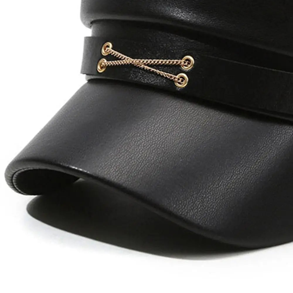 Black PU leather beret hat with gold-toned adjustable leather detailing