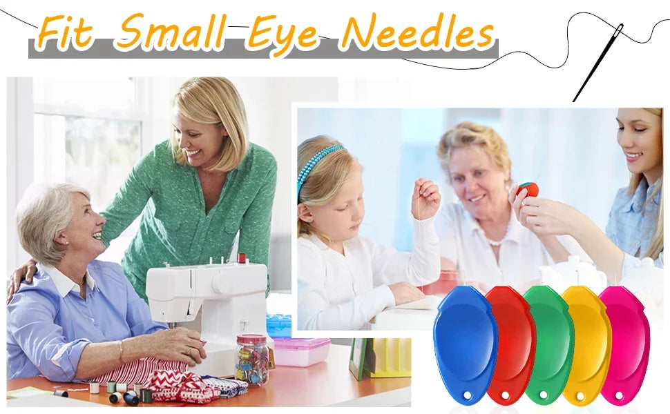 A woman is using a small eye needle threader set on an elderly woman's eye, demonstrating the product.