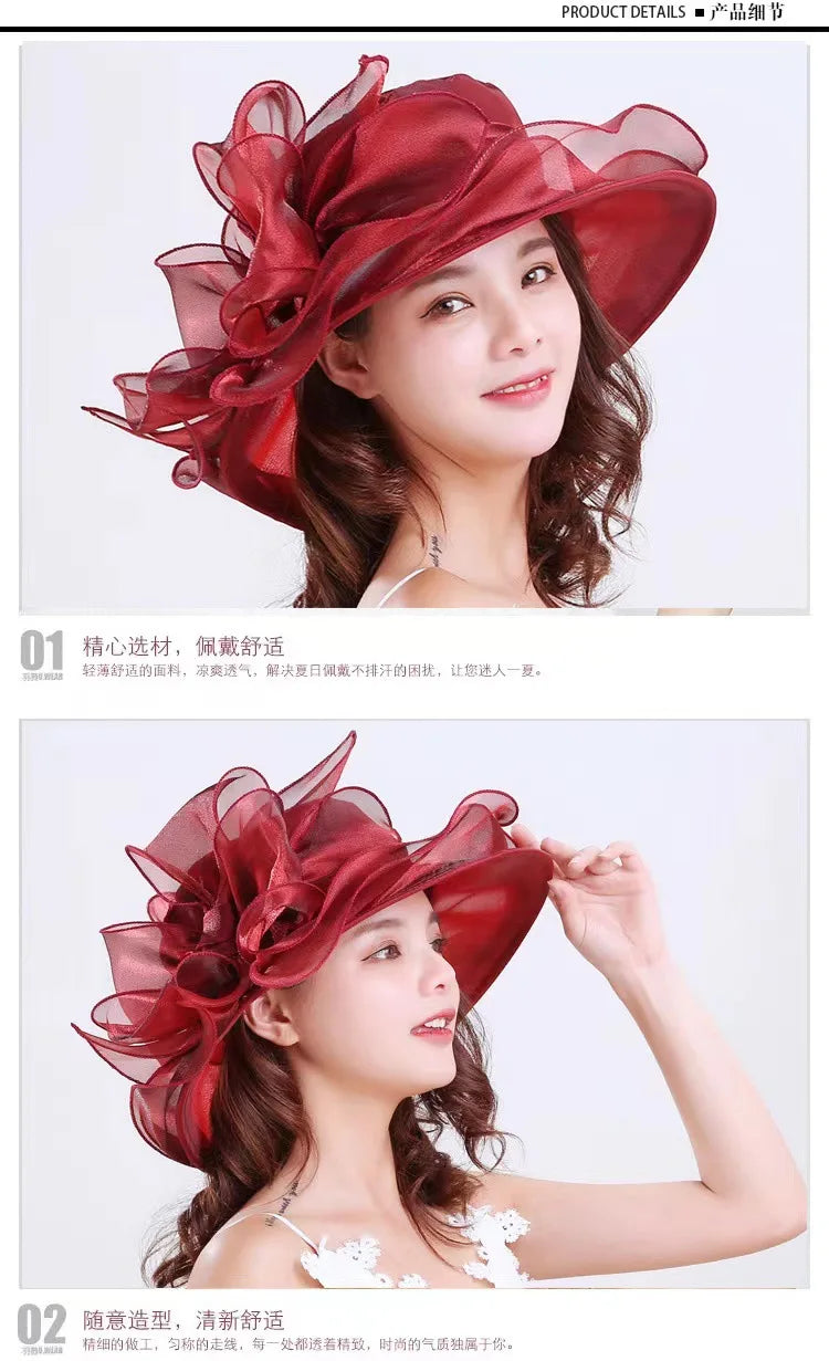 A woman models a large, ruffled red organza sun hat with mesh detailing.