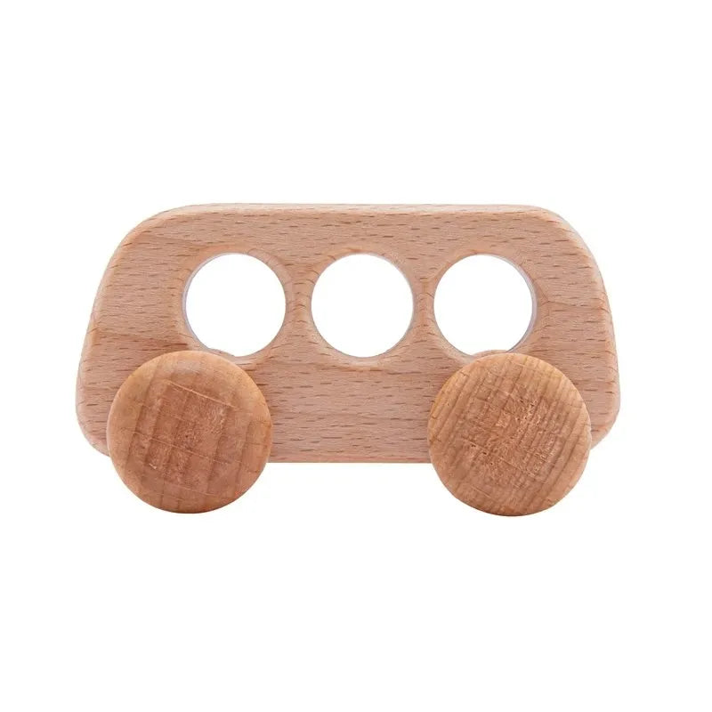 A light wood hand-pushed cart toy for toddlers with a rectangular body and three circular openings.