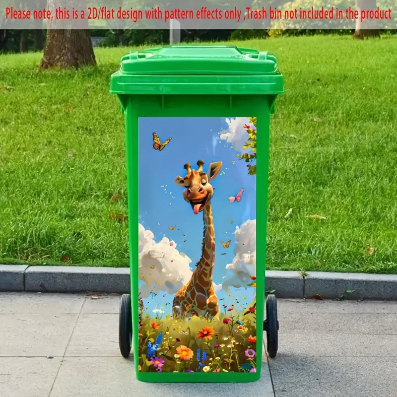 A bright green trash bin decorated with a colorful illustration of a giraffe and butterflies.