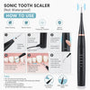 Dispositivo de limpieza dental sónico negro con instrucciones y consejos para una limpieza profunda.