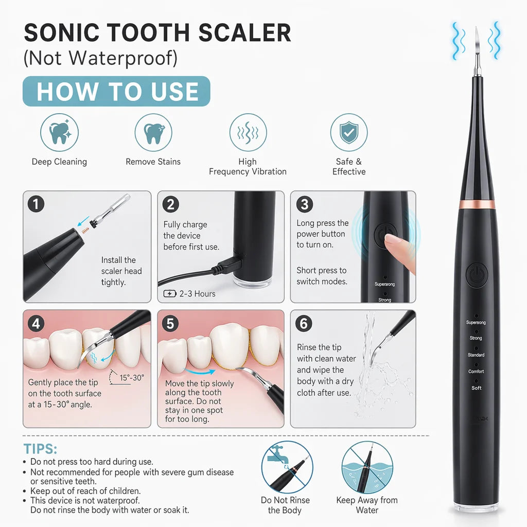Dispositivo de limpieza dental sónico negro con instrucciones y consejos para una limpieza profunda.