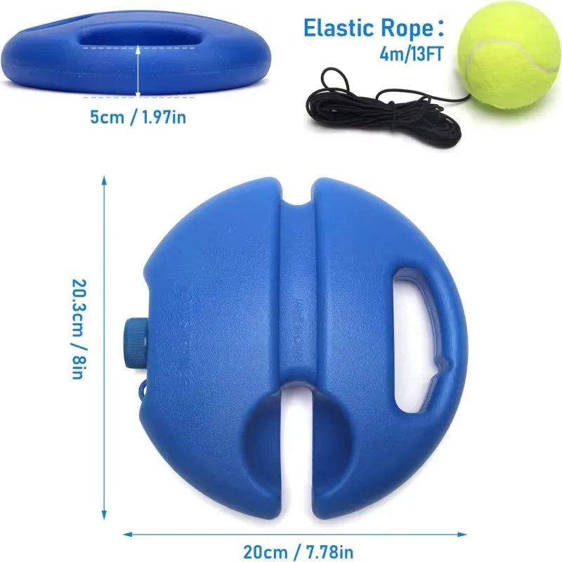 Blå tennistrener for solotrening med stabil base og elastisk tau for ballretur