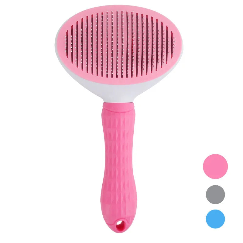 A pink self-cleaning pet grooming comb for dogs and cats with a white handle.