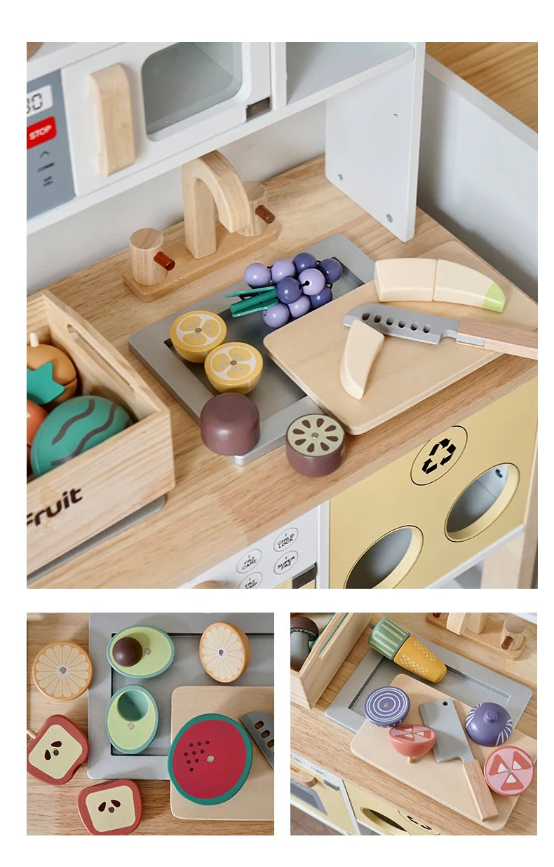 A wooden pretend play food cutting set with various colored and shaped food pieces and a knife on a wooden board.