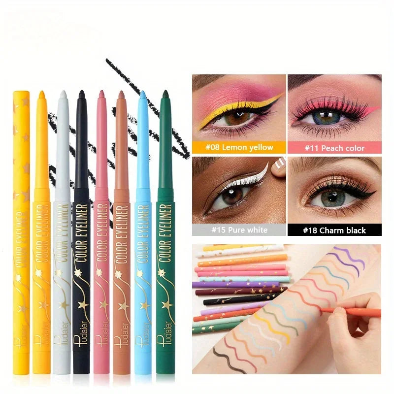 Colección de lápices delineadores de ojos en gel mate e impermeables en varios colores, mostrando looks de maquillaje.