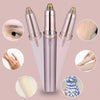 A precision electric eyebrow trimmer in rose gold color shown with various usage angles and close-ups of the product.