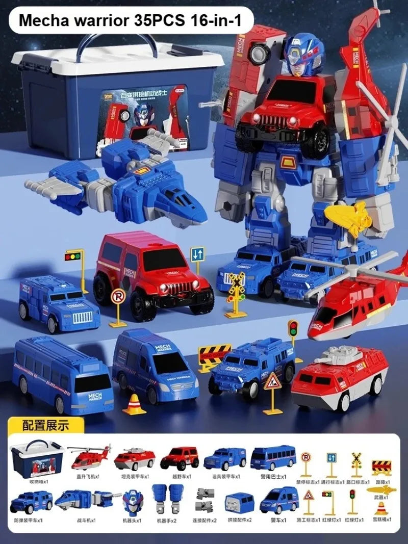 A set of magnetic engineering car robot building blocks toys in various colors and configurations.