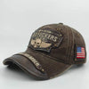 A dark brown vintage washed baseball cap featuring an embroidered skull and wings design on the front.