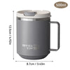 A gray double wall insulated stainless steel travel mug with a silver lid and handle, shown in a side view.