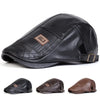 Black men's retro faux leather newsboy cap with a square leather patch detail