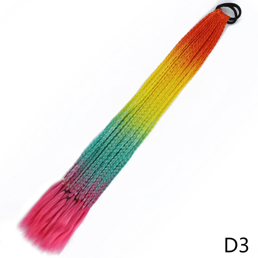 A long, pre-braided ponytail extension featuring a vibrant gradient of orange, yellow, green, and pink colors.