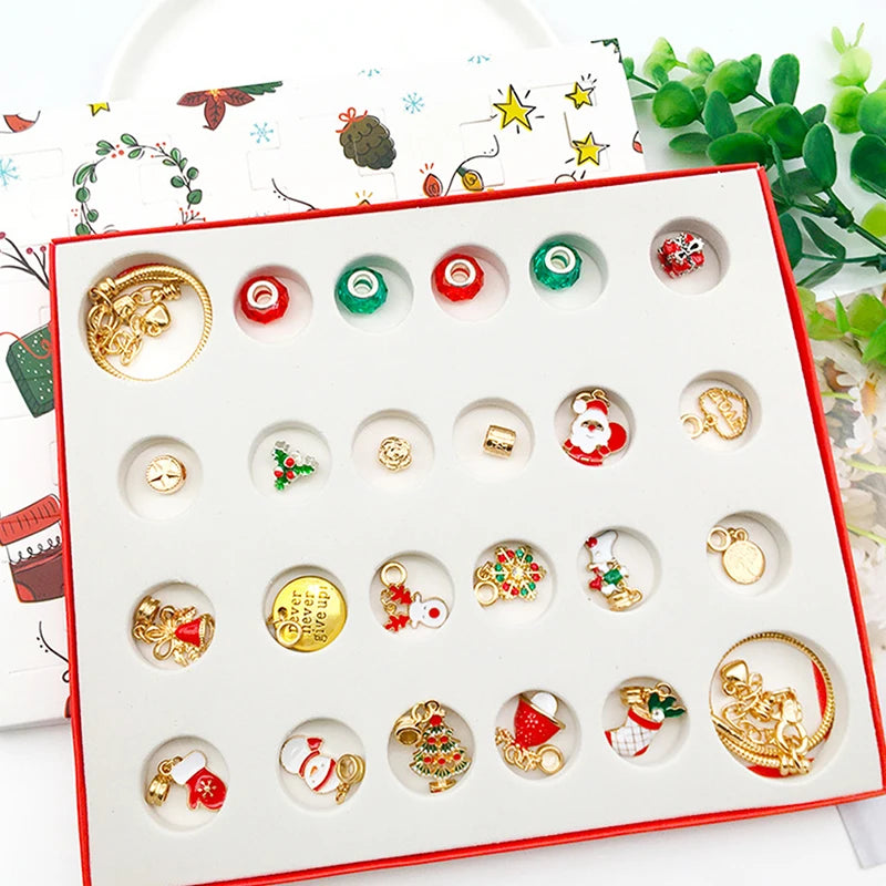 A red advent calendar box filled with 24 charm bracelets for a Christmas countdown.