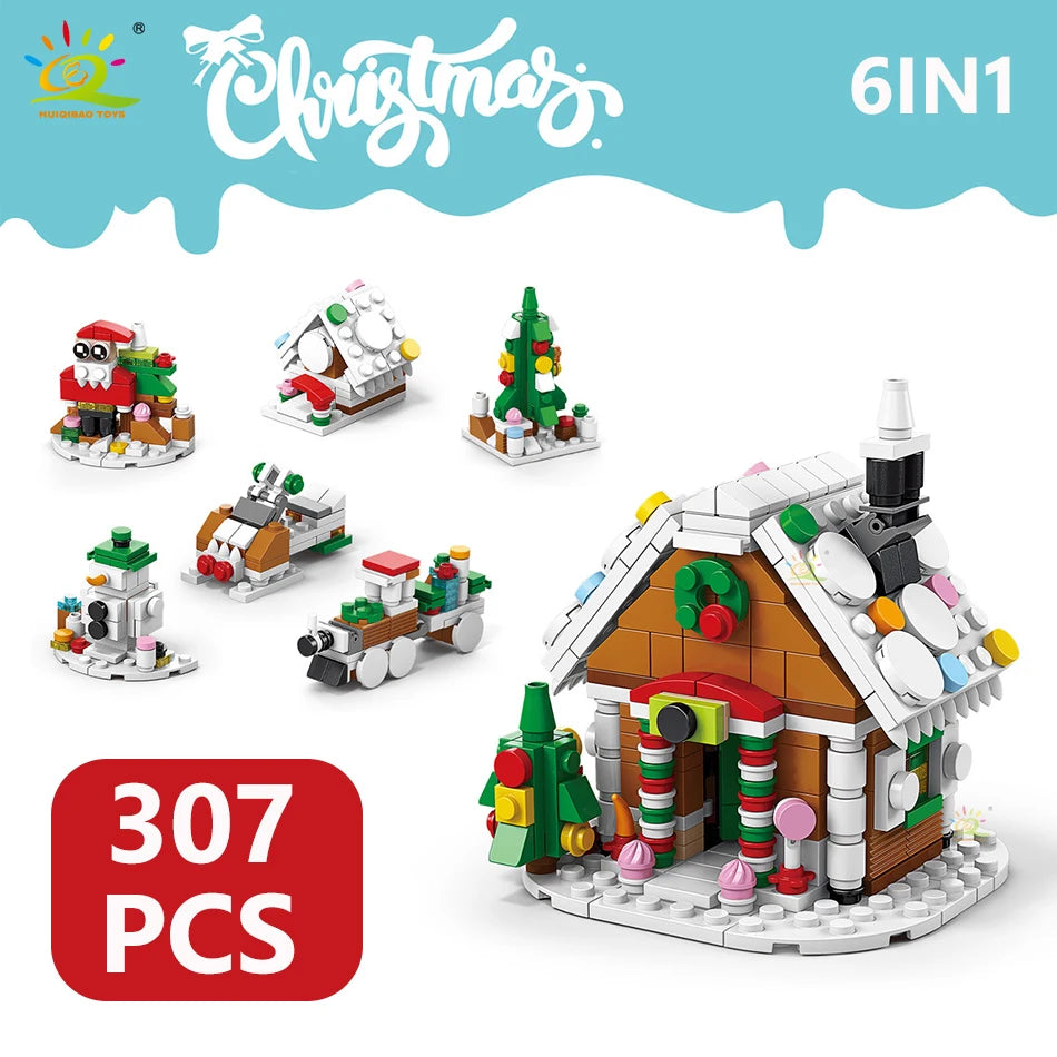 A set of 307 pieces Christmas building blocks featuring a snow house, Santa, and deer figures.
