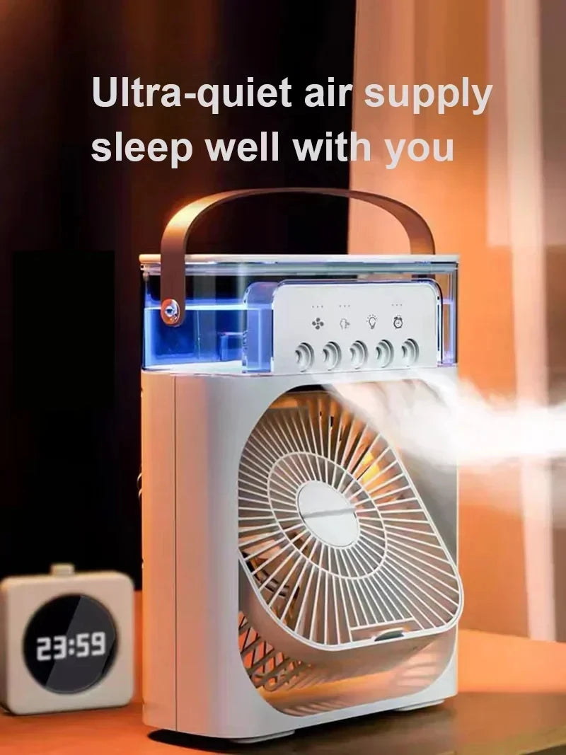 A white personal air cooler fan and humidifier device with a night light is shown on a wooden surface.