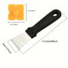 A black heavy-duty paint and sticker scraper with a yellow handle and silver blade shown from the side.