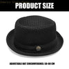 Chapeau de soleil noir tissé avec bande noire et bouton métallique, montrant la taille du produit.